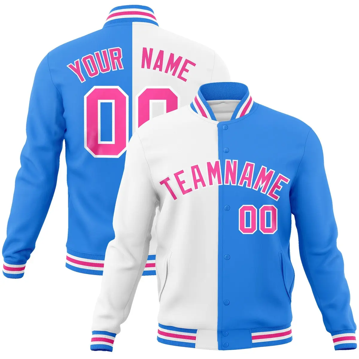 White Powder Blue Pink Two Tone Split Varsity Full-Snap Letterman Jacket