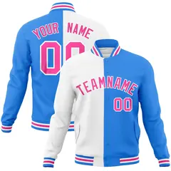 White Powder Blue Pink Two Tone Split Varsity Full-Snap Letterman Jacket 1