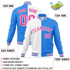 White Powder Blue Pink Two Tone Split Varsity Full-Snap Letterman Jacket 4