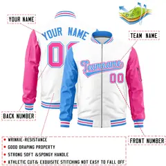 White Powder Blue Pink Varsity Letterman Bomber Jacket Full-Zip Raglan 2