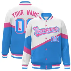 White Powder Blue Pink-White Color Block Varsity Baseball Jacket