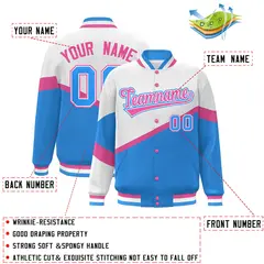 White Powder Blue Pink-White Color Block Varsity Baseball Jacket 2