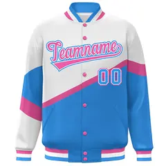 White Powder Blue Pink-White Color Block Varsity Baseball Jacket 3