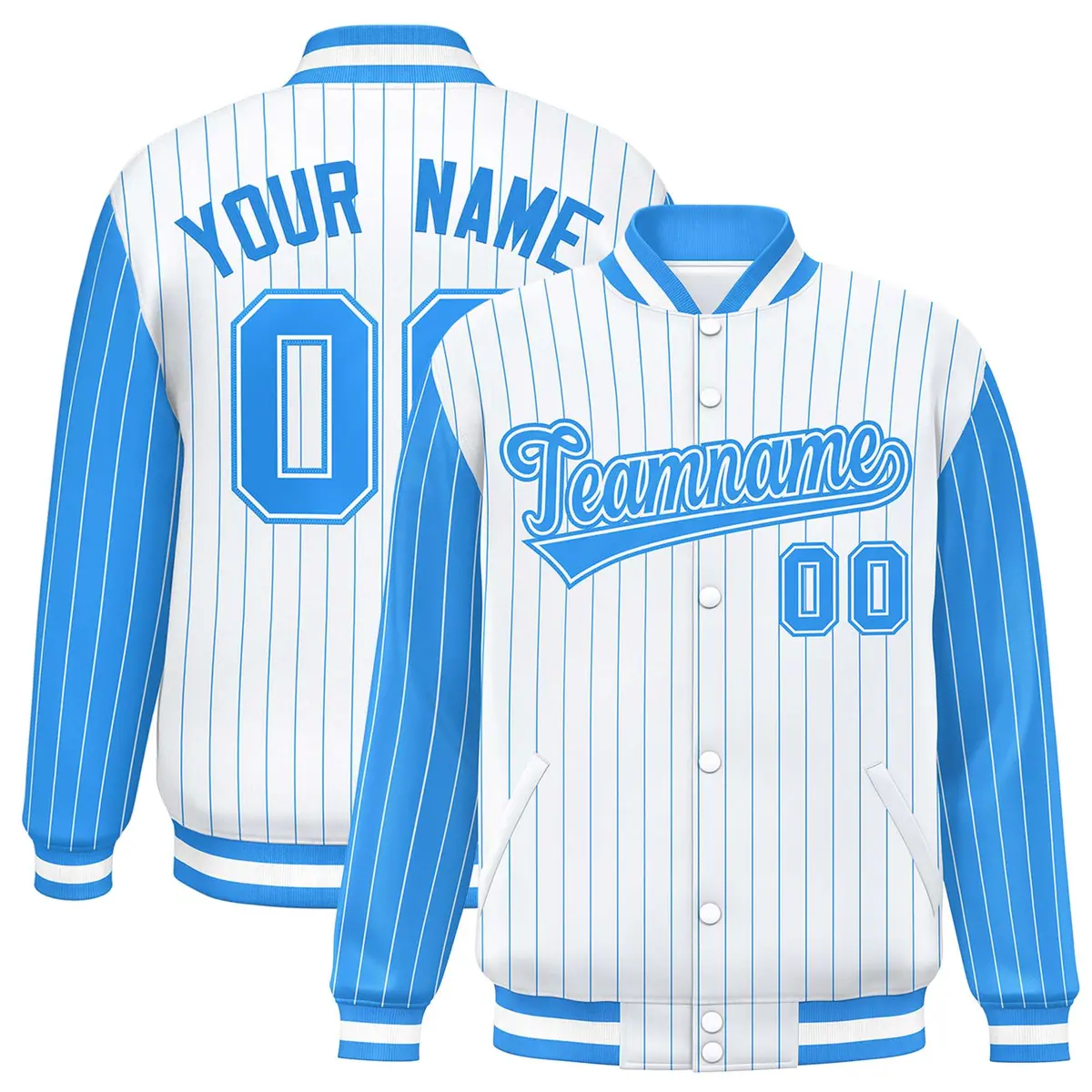 White Powder Blue Pinstripe Raglan Varsity Letterman Baseball Jacket
