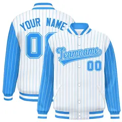 White Powder Blue Pinstripe Raglan Varsity Letterman Baseball Jacket 1