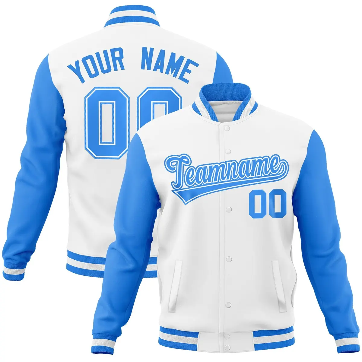 White Powder Blue Raglan Sleeves Full-Snap Varsity Letterman Jacket