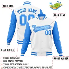 White Powder Blue Raglan Sleeves Full-Snap Varsity Letterman Jacket 4