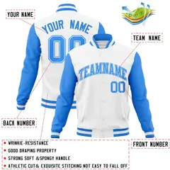 White Powder Blue Raglan Sleeves Full-Snap Varsity Letterman Jacket 4