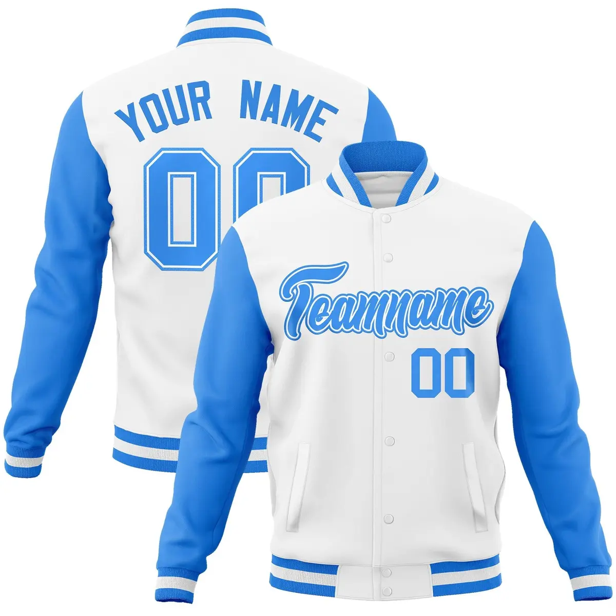 White Powder Blue Raglan Sleeves Full-Snap Varsity Letterman Jacket