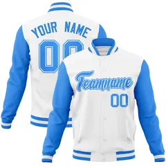 White Powder Blue Raglan Sleeves Full-Snap Varsity Letterman Jacket 1