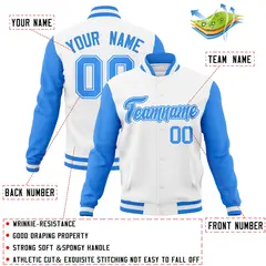White Powder Blue Raglan Sleeves Full-Snap Varsity Letterman Jacket 4