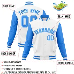 White Powder Blue Raglan Sleeves Full-Snap Varsity Letterman Jacket 4