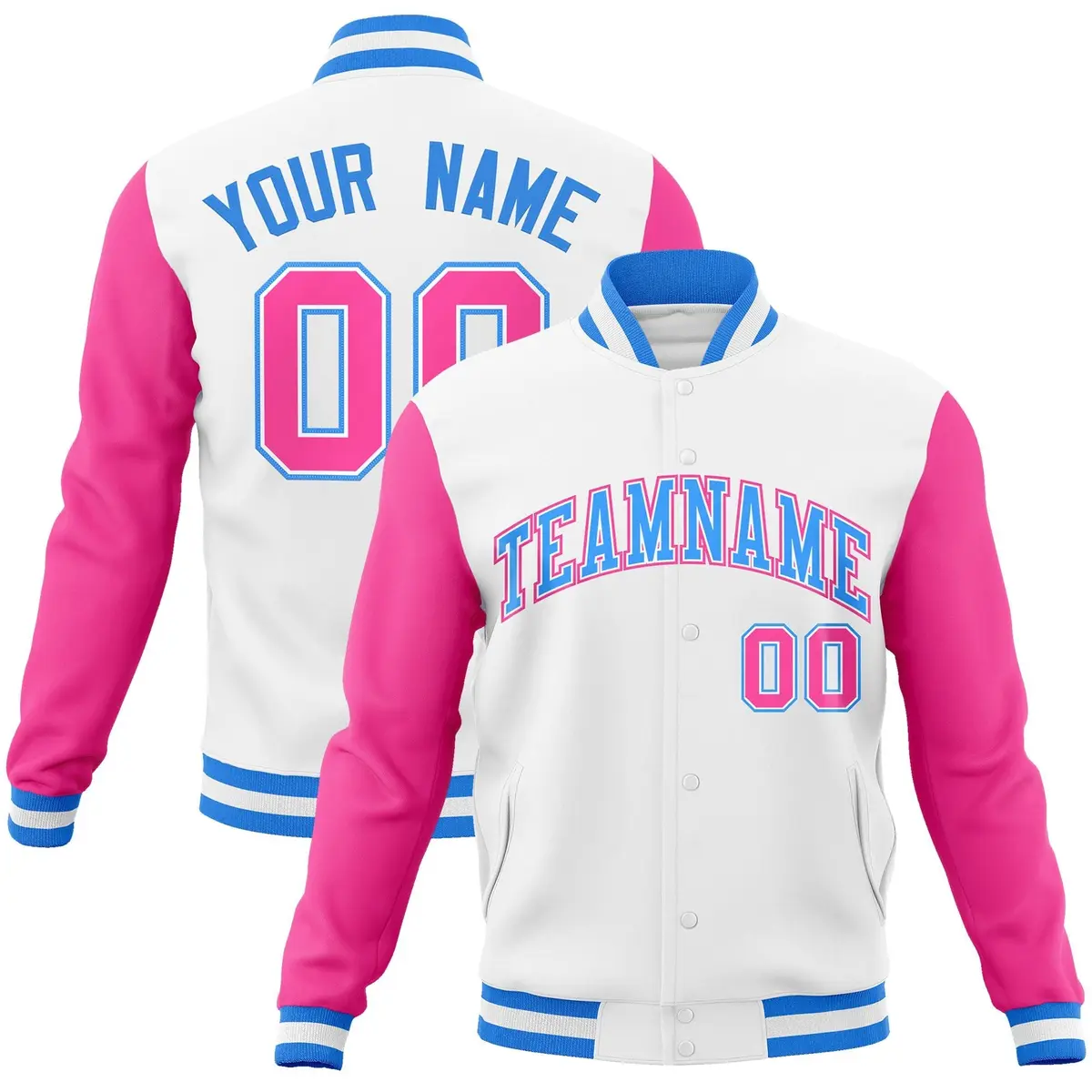 White Powder Blue Raglan Sleeves Full-Snap Varsity Letterman Jacket