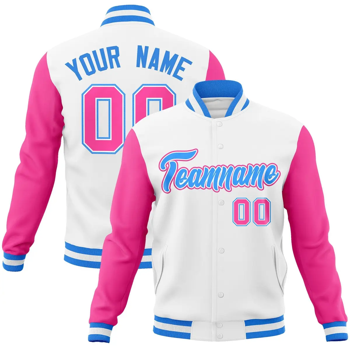 White Powder Blue Raglan Sleeves Full-Snap Varsity Letterman Jacket