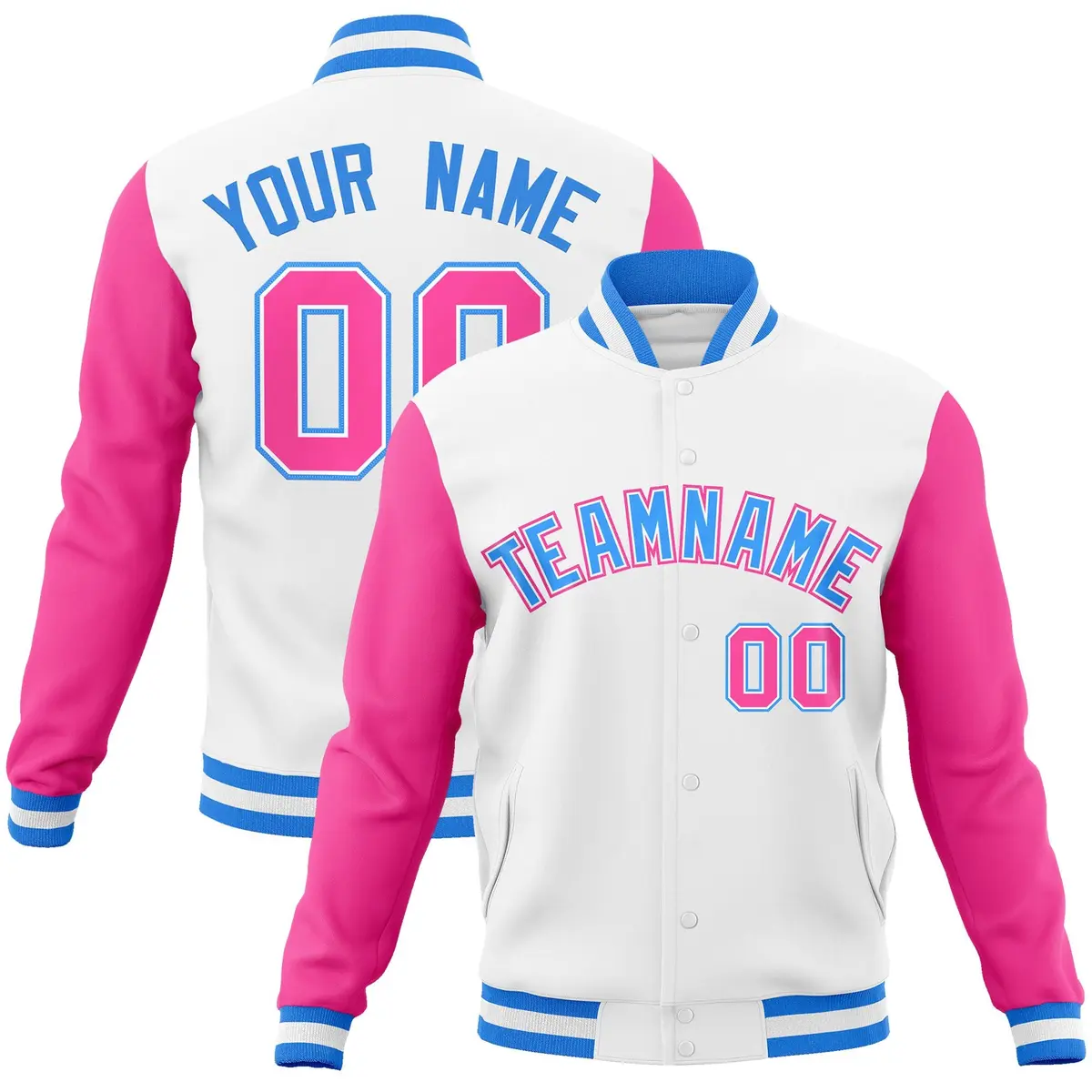 White Powder Blue Raglan Sleeves Full-Snap Varsity Letterman Jacket
