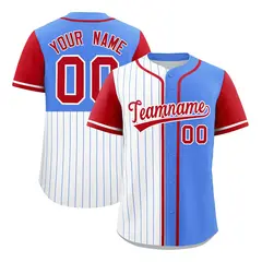 White Powder Blue Red Pinstripe Raglan Baseball Jersey