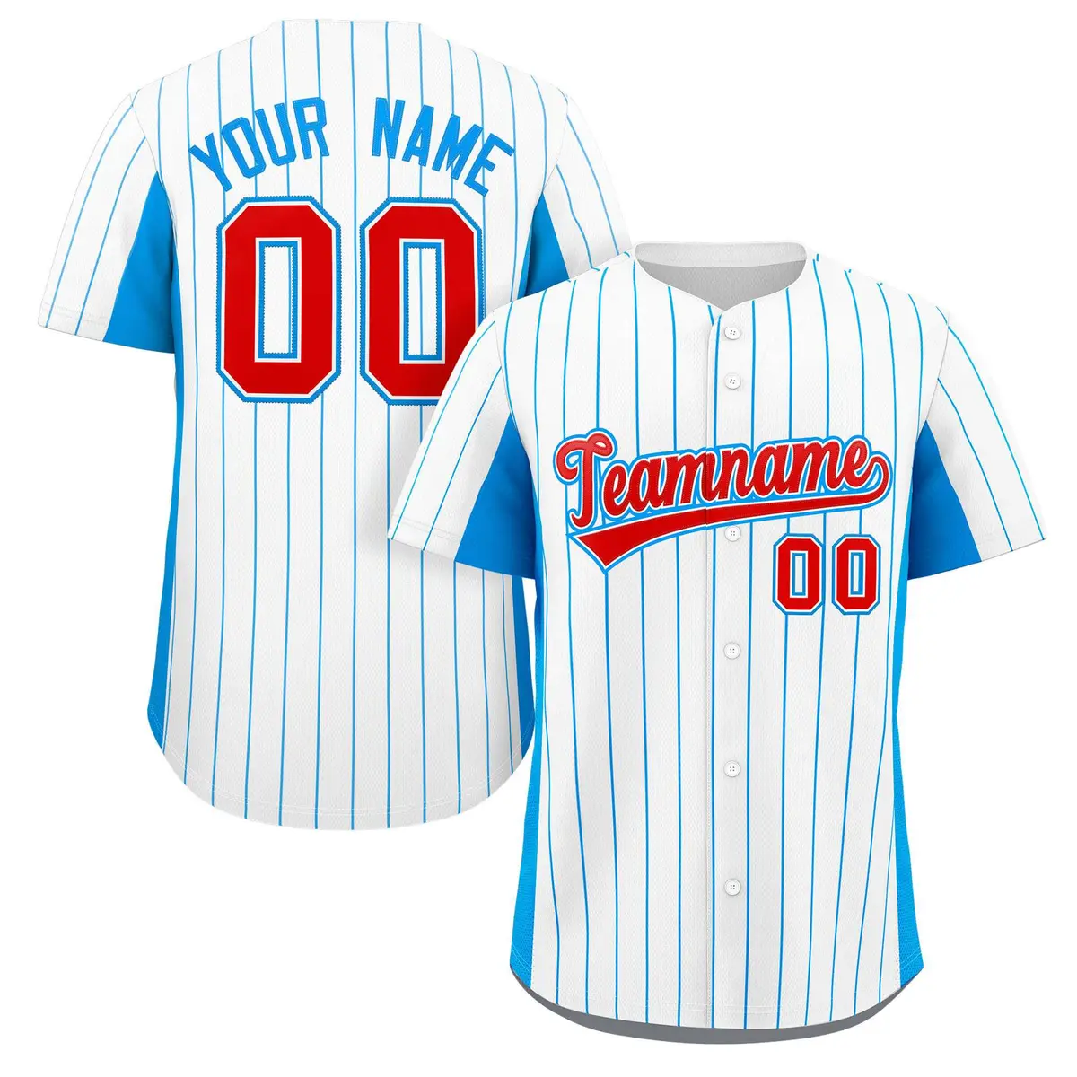 White Powder Blue-Red Stripe Full Button Baseball Jersey