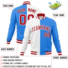 White Powder Blue Red Two Tone Split Varsity Full-Snap Letterman Jacket 4