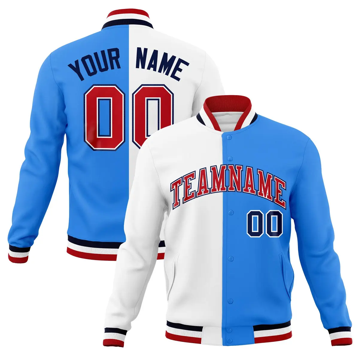 White Powder Blue Red Two Tone Split Varsity Full-Snap Letterman Jacket