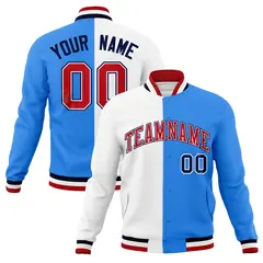 White Powder Blue Red Two Tone Split Varsity Full-Snap Letterman Jacket 1