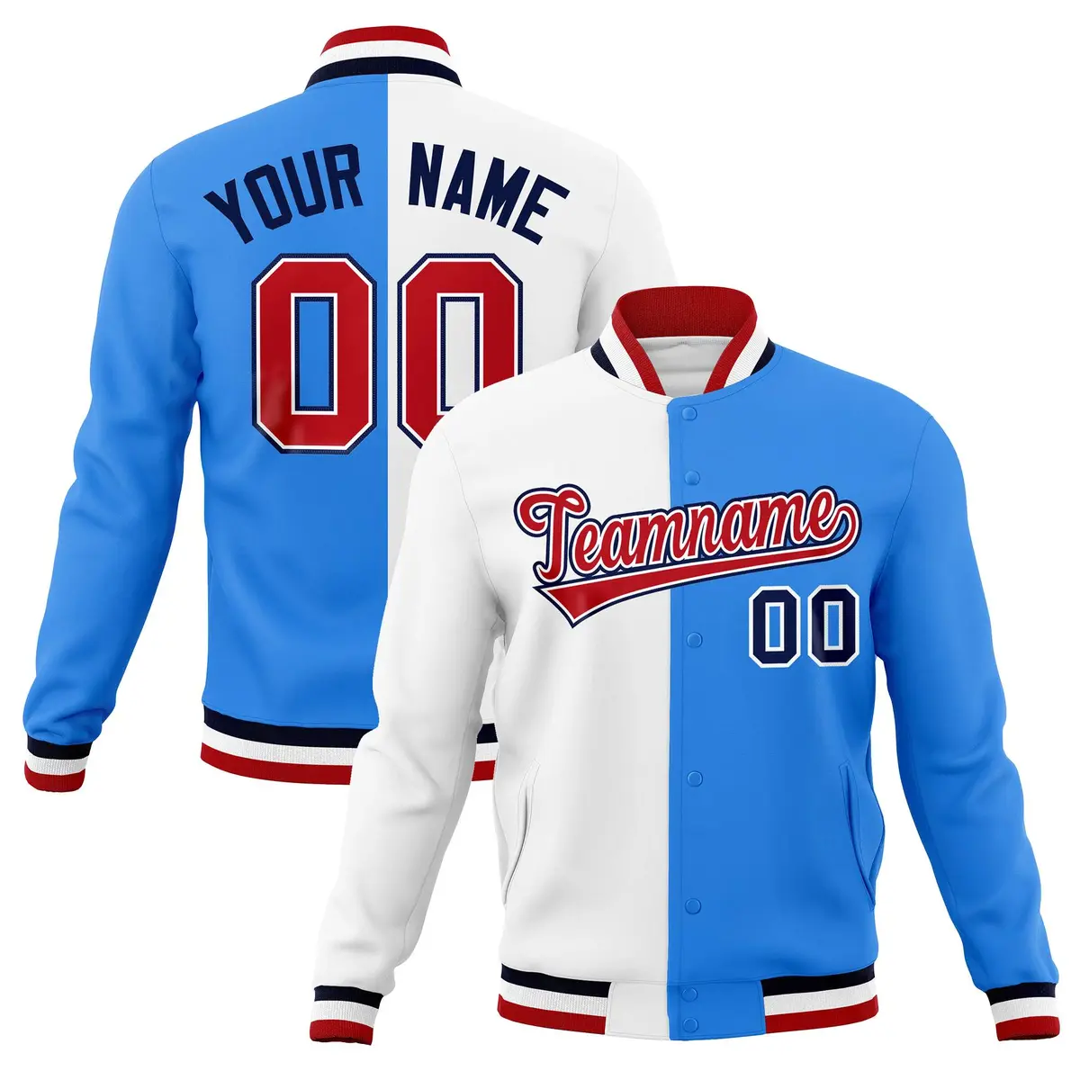 White Powder Blue Red Two Tone Split Varsity Full-Snap Letterman Jacket