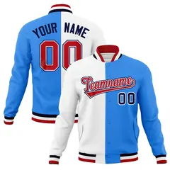 White Powder Blue Red Two Tone Split Varsity Full-Snap Letterman Jacket 1