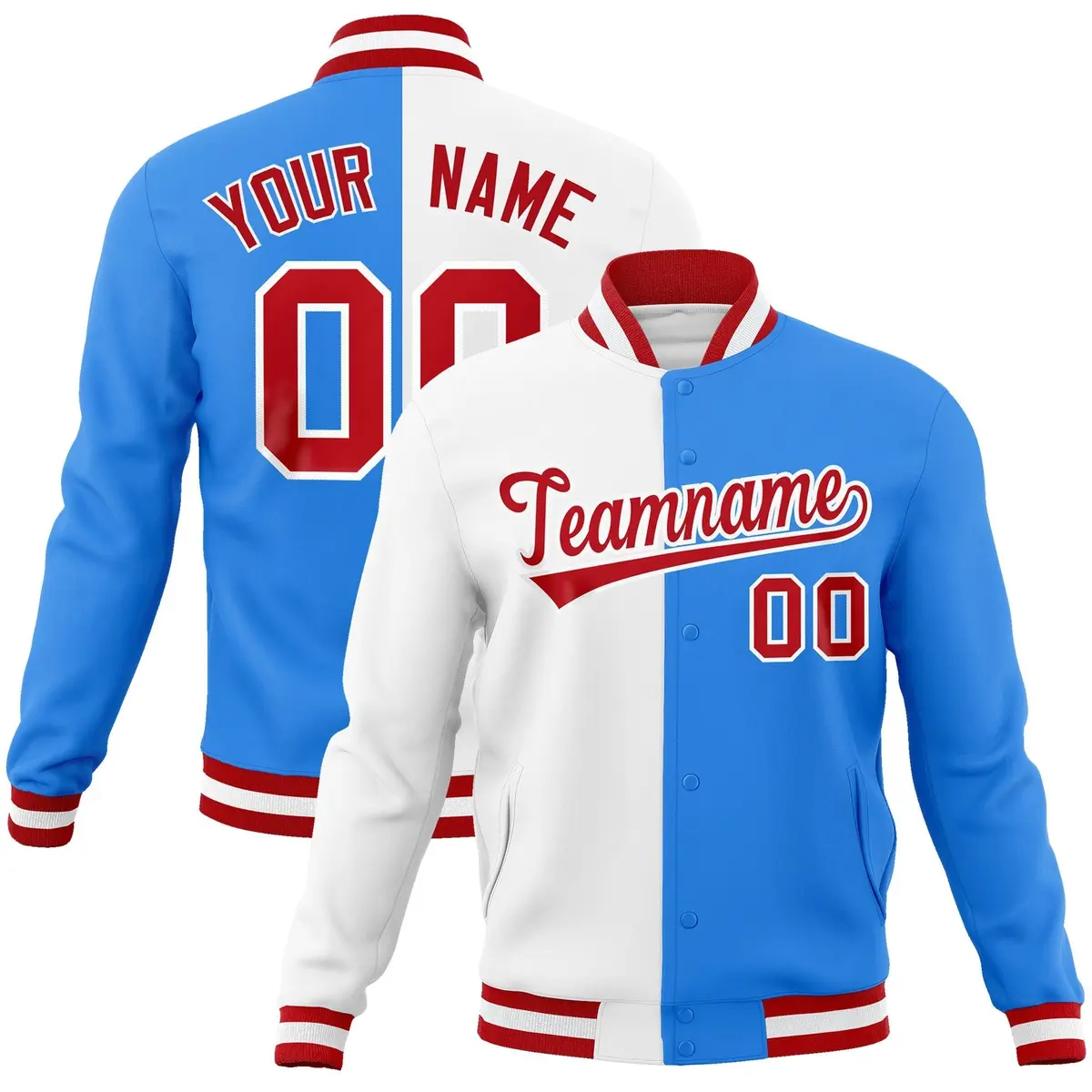 White Powder Blue Red Two Tone Split Varsity Full-Snap Letterman Jacket