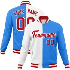 White Powder Blue Red Two Tone Split Varsity Full-Snap Letterman Jacket