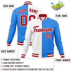 White Powder Blue Red Two Tone Split Varsity Full-Snap Letterman Jacket 2