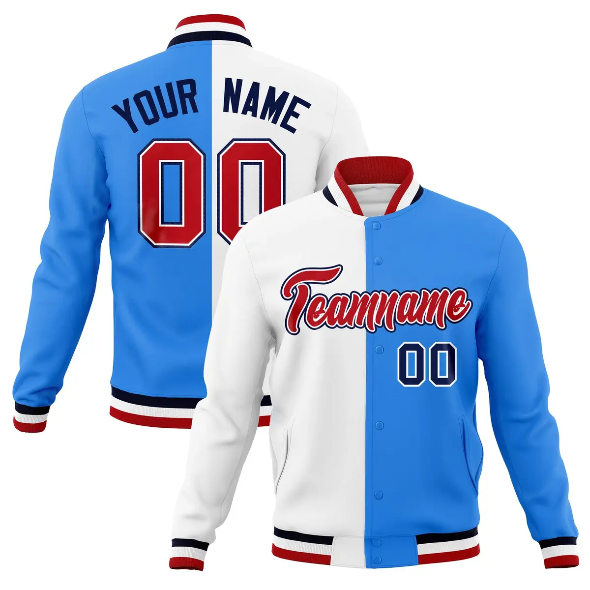 White Powder Blue Red Two Tone Split Varsity Full-Snap Letterman Jacket