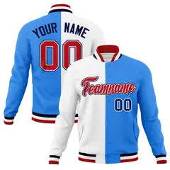 White Powder Blue Red Two Tone Split Varsity Full-Snap Letterman Jacket 1