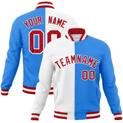 White Powder Blue Red Two Tone Split Varsity Full-Snap Letterman Jacket
