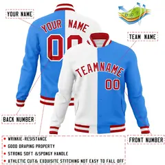 White Powder Blue Red Two Tone Split Varsity Full-Snap Letterman Jacket 4