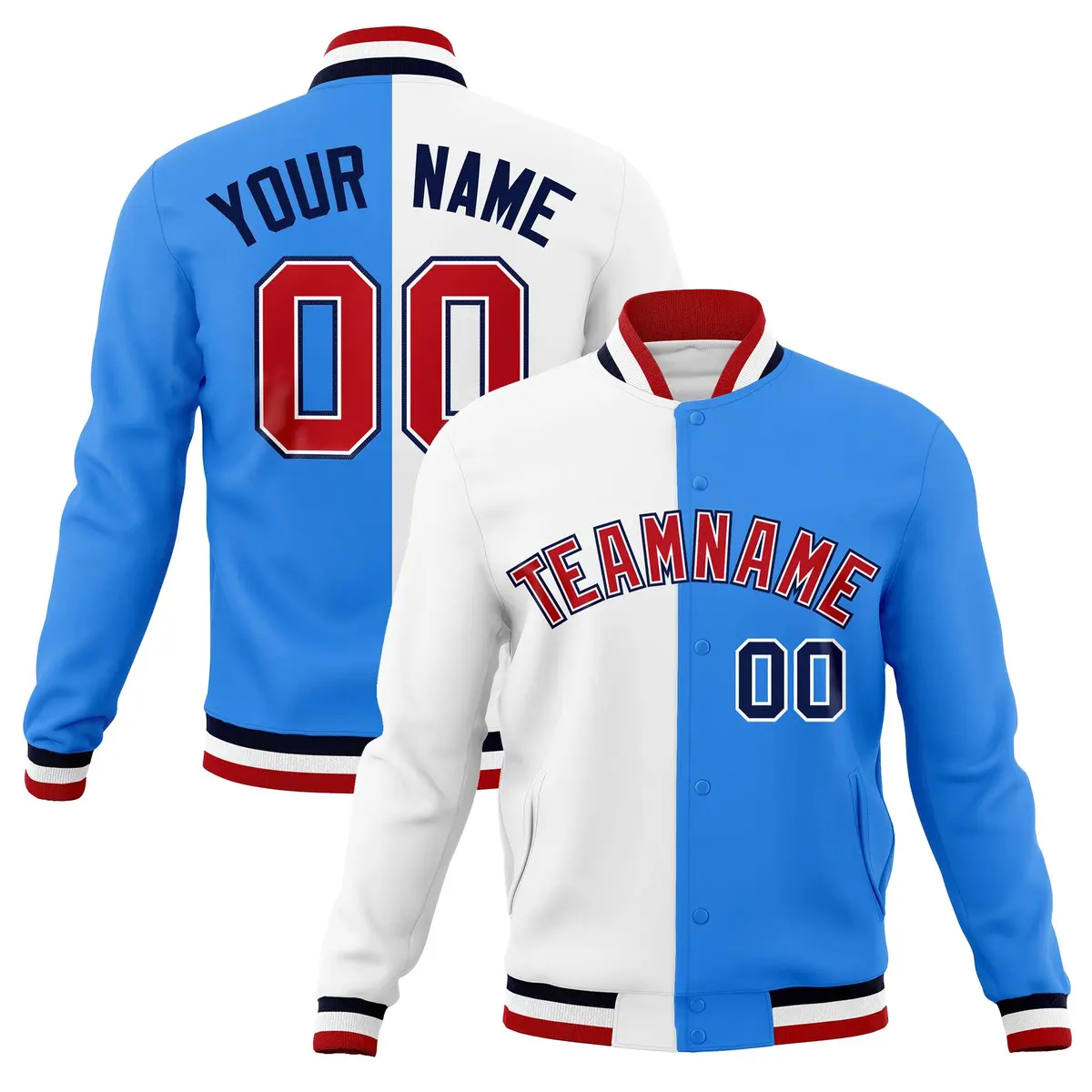 White Powder Blue Red Two Tone Split Varsity Full-Snap Letterman Jacket