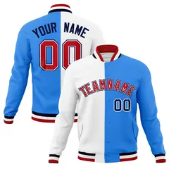 White Powder Blue Red Two Tone Split Varsity Full-Snap Letterman Jacket