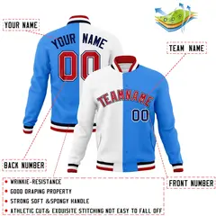 White Powder Blue Red Two Tone Split Varsity Full-Snap Letterman Jacket 4