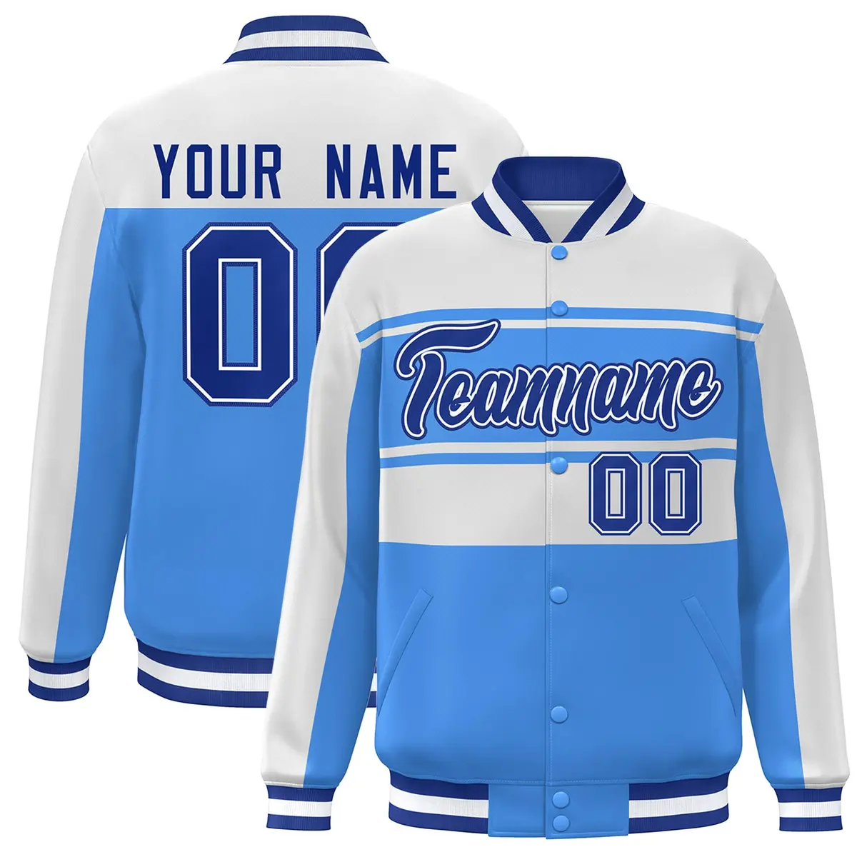 White Powder Blue-Royal Color Block Varsity Full-Snap Bomber Jacket