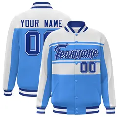 White Powder Blue-Royal Color Block Varsity Full-Snap Bomber Jacket