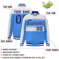 White Powder Blue-Royal Color Block Varsity Full-Snap Bomber Jacket 2