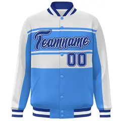 White Powder Blue-Royal Color Block Varsity Full-Snap Bomber Jacket 3