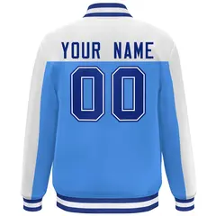 White Powder Blue-Royal Color Block Varsity Full-Snap Bomber Jacket 4