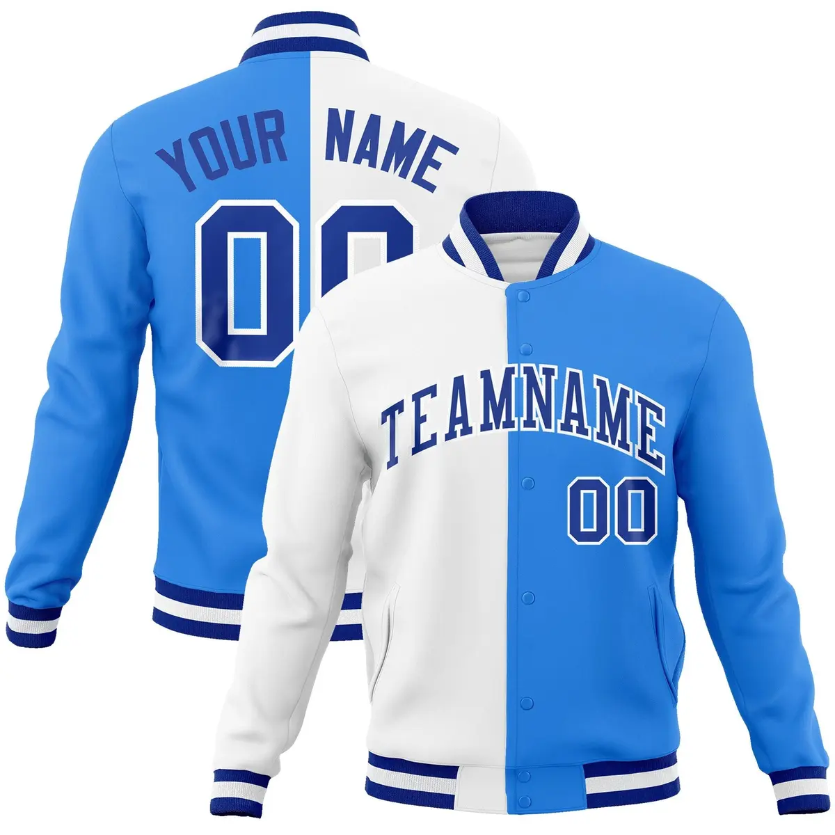 White Powder Blue-Royal Two Tone Split Varsity Full-Snap Letterman Jacket
