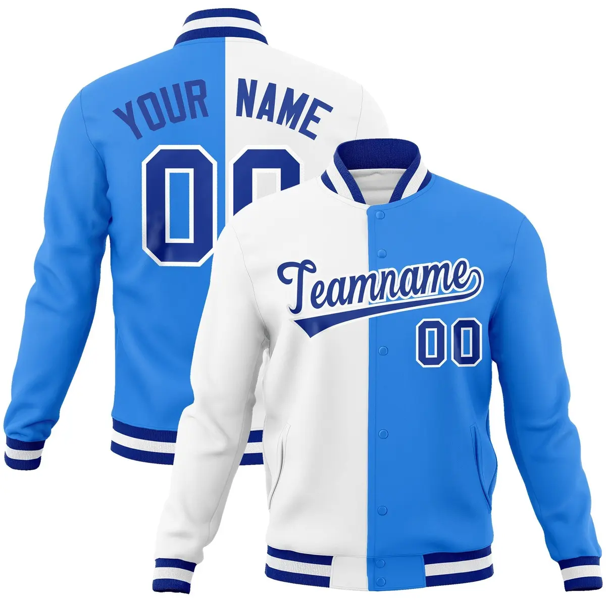 White Powder Blue-Royal Two Tone Split Varsity Full-Snap Letterman Jacket