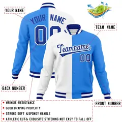 White Powder Blue-Royal Two Tone Split Varsity Full-Snap Letterman Jacket 4