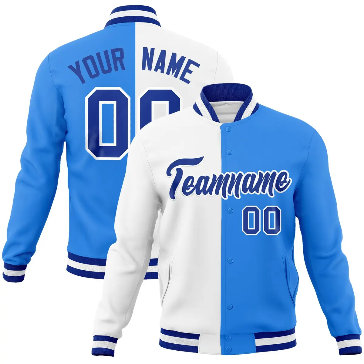White Powder Blue-Royal Two Tone Split Varsity Full-Snap Letterman Jacket