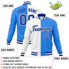 White Powder Blue-Royal Two Tone Split Varsity Full-Snap Letterman Jacket 4