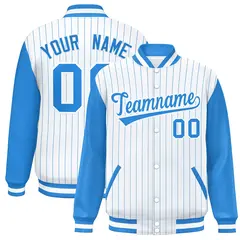 White Powder Blue Stripe Raglan Varsity Bomber Jacket 1