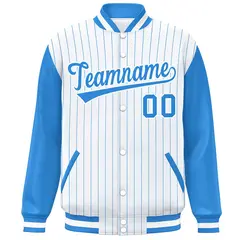 White Powder Blue Stripe Raglan Varsity Bomber Jacket 3