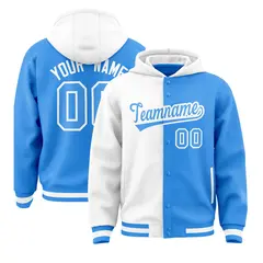 White Powder Blue Two Tone Full-Snap Varsity Letterman Hoodie Jacket