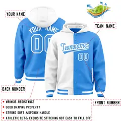 White Powder Blue Two Tone Full-Snap Varsity Letterman Hoodie Jacket 4